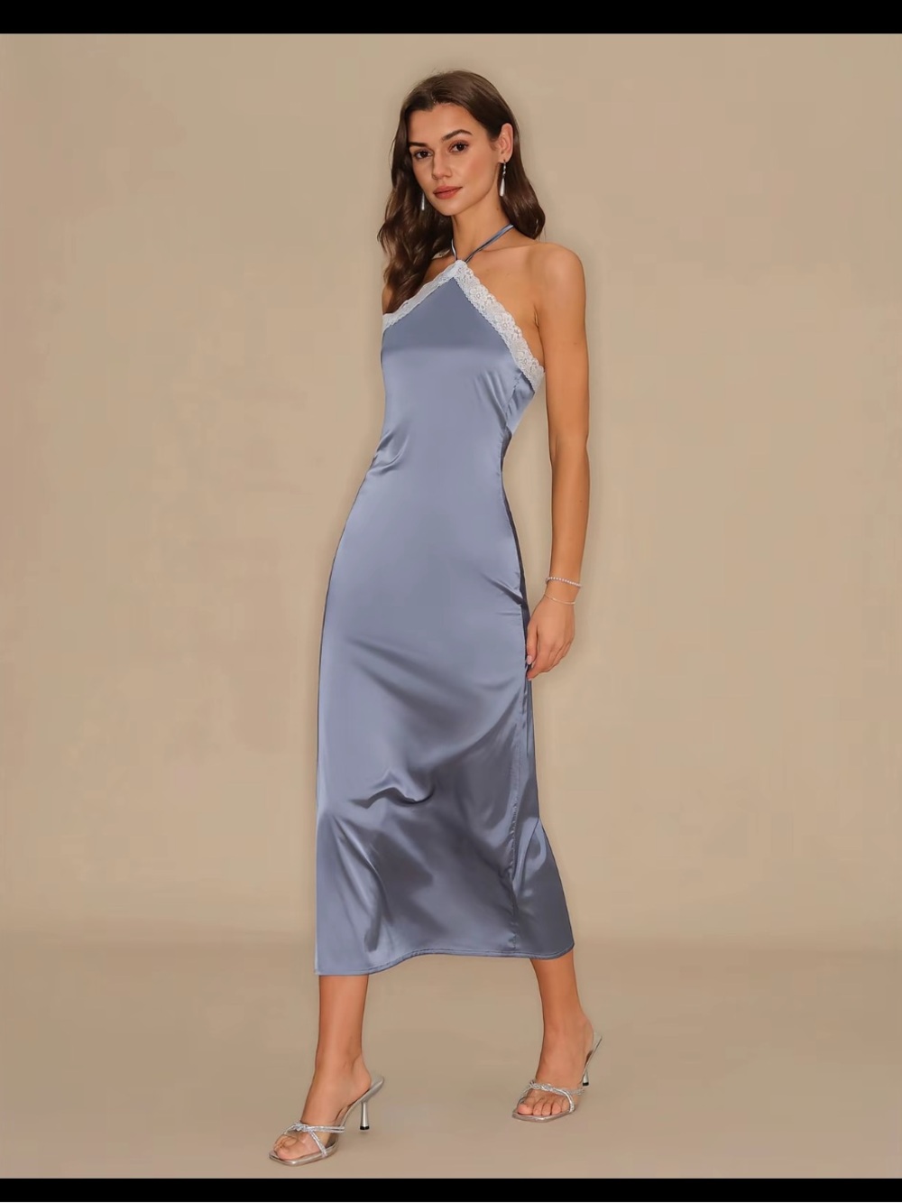 Commense Lace-Trim Satin Halter Midi Dress in Light Blue - Picture 4 of 6